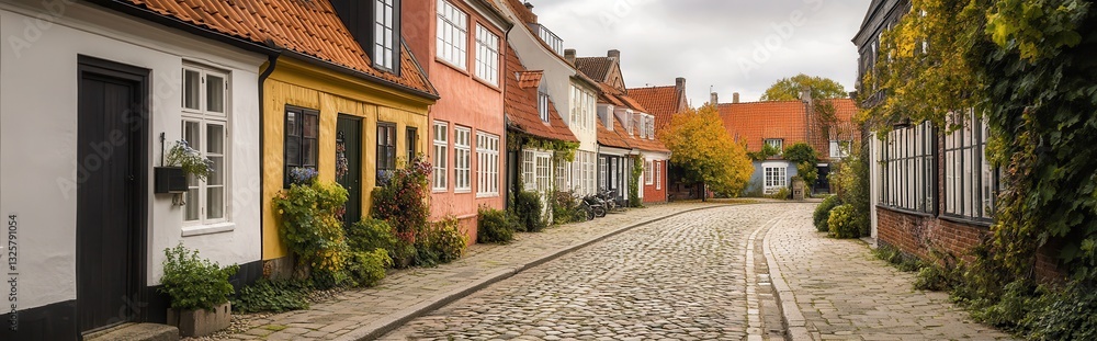 Naklejka premium Charming cobblestone street lined with colorful traditional houses on a cloudy day.