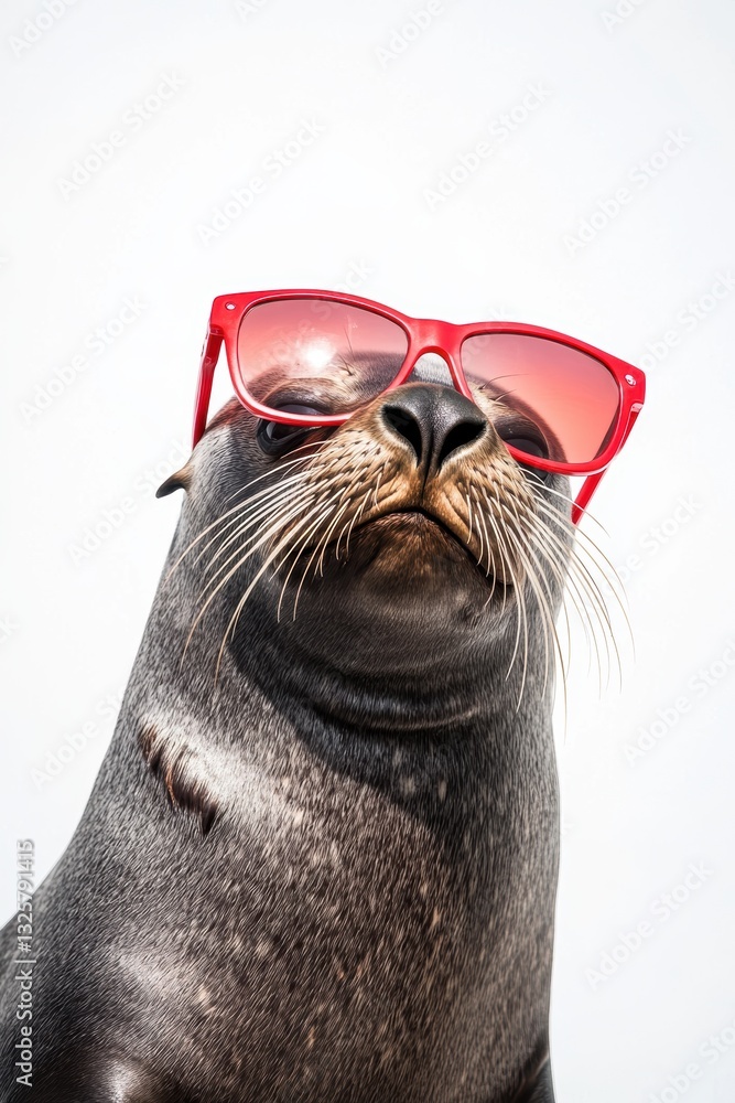 Fototapeta premium Seal wearing stylish red sunglasses posing for the camera with a playful expression, marine animal portrait, fun beach vibe, whimsical wildlife shot.