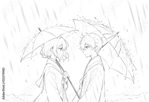 A Romantic Sketch of Two People Under an Umbrella in the Rain. A captivating black and white sketch depicts two anime-style characters likely young adults standing in a light rain