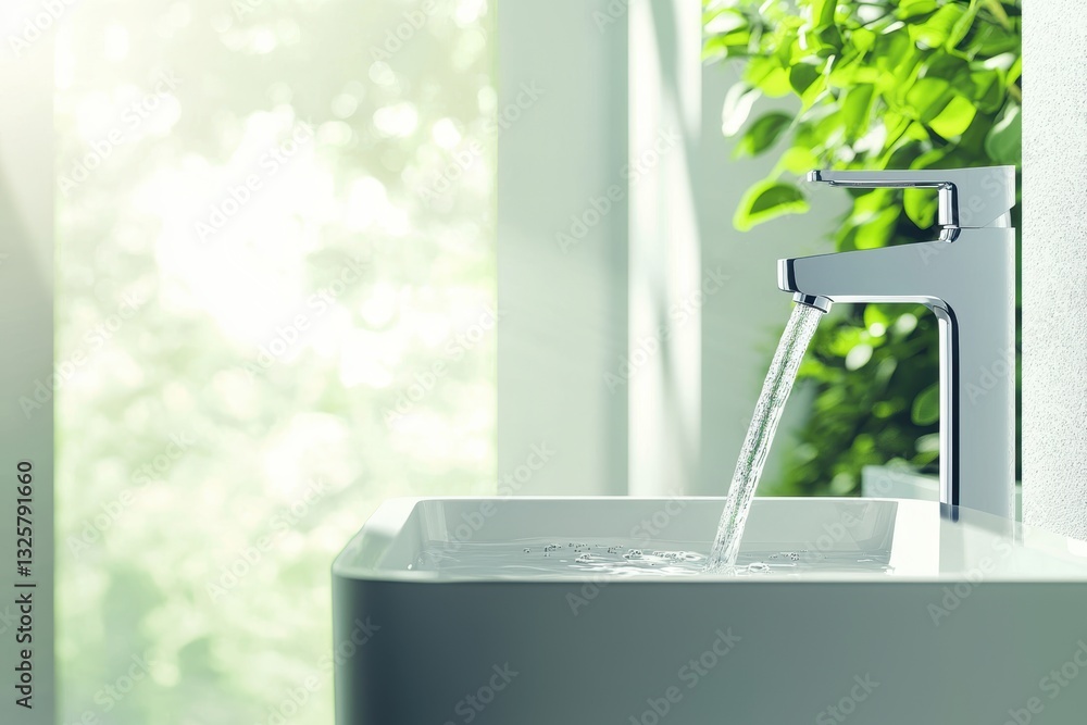 Fototapeta premium Bright and clean bathroom interior featuring a polished silver tap with water flowing smoothly into a stylish white basin