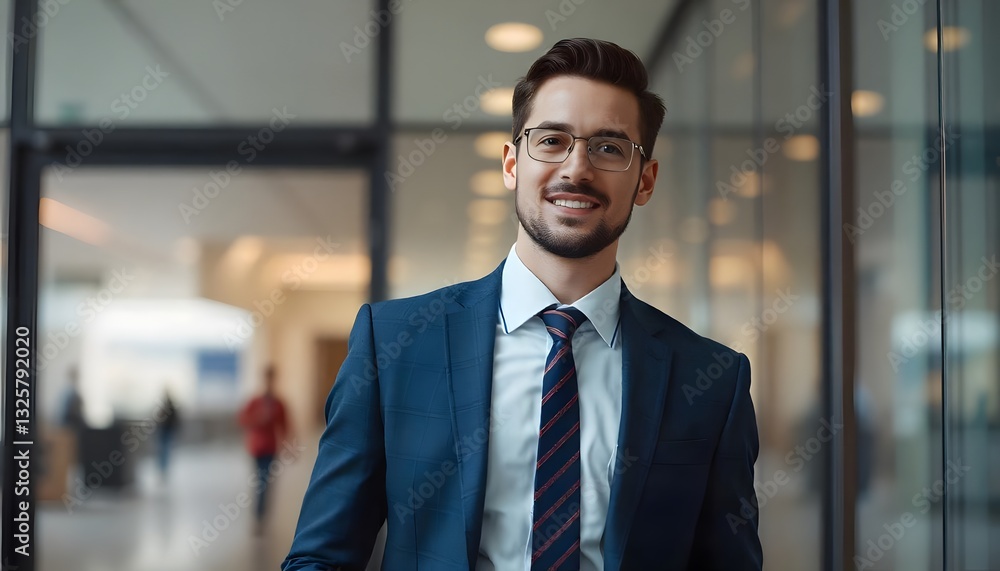 Fototapeta premium Poised Professional: A confident man in a well-tailored suit, complete with spectacles, stands in a brightly lit, contemporary hallway. This image is a testament to professional excellence.