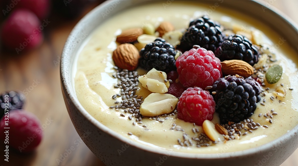 Healthy Smoothie Bowl with Berries and Nuts on Wooden Table Healthy Smoothie Bowl with Berries and Nuts on Wooden Table