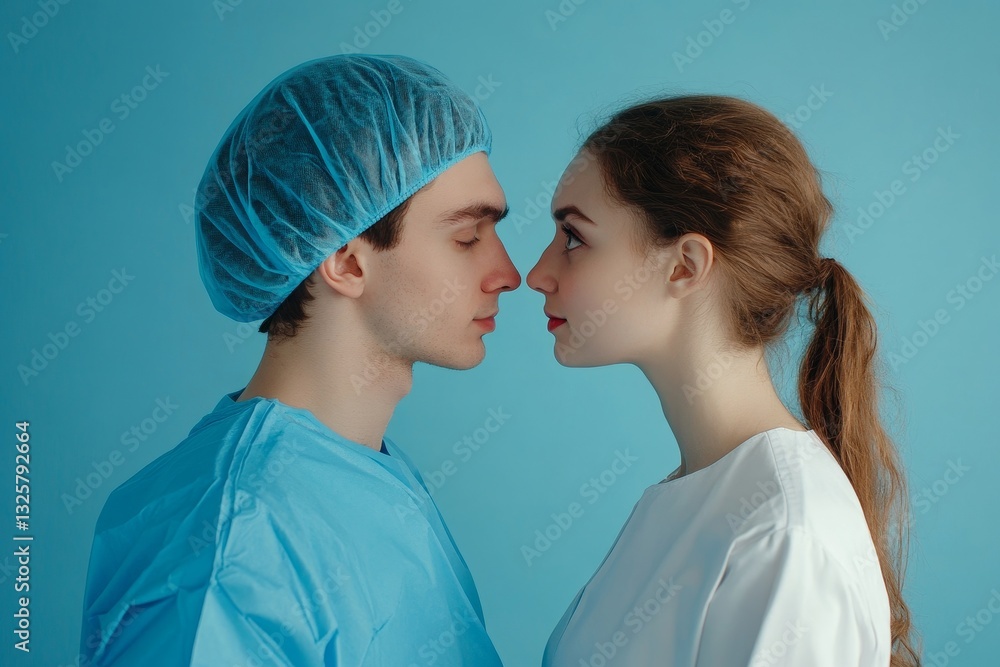 Young Doctors Couple Close Up Face Profile Blue Background man love care woman scrubs health tender Young Doctors Couple Close Up Face Profile Blue Background man love care woman scrubs health tender