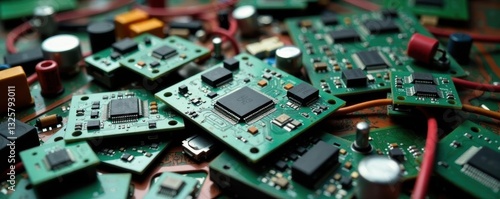 Pile of discarded circuit boards, wires, and components , integrated circuits, discarded electronics