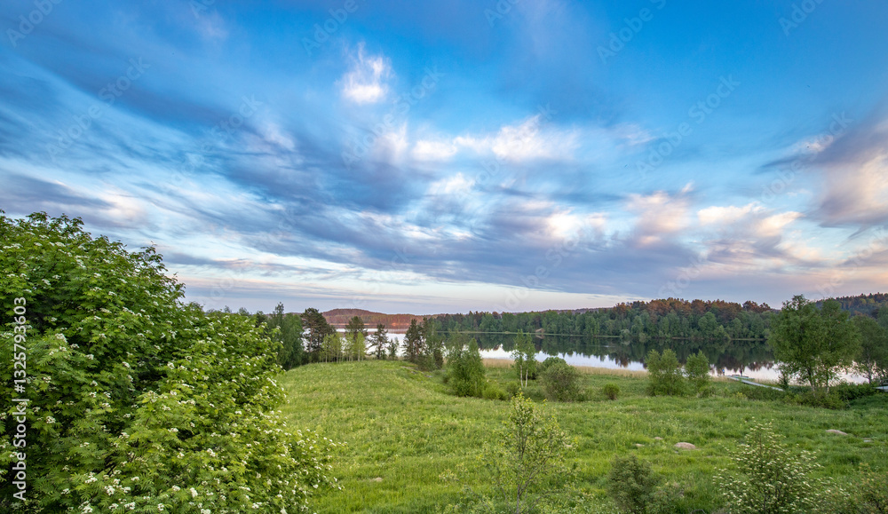A beautiful, serene landscape with a lake and a forest in the background A beautiful, serene landscape with a lake and a forest in the background