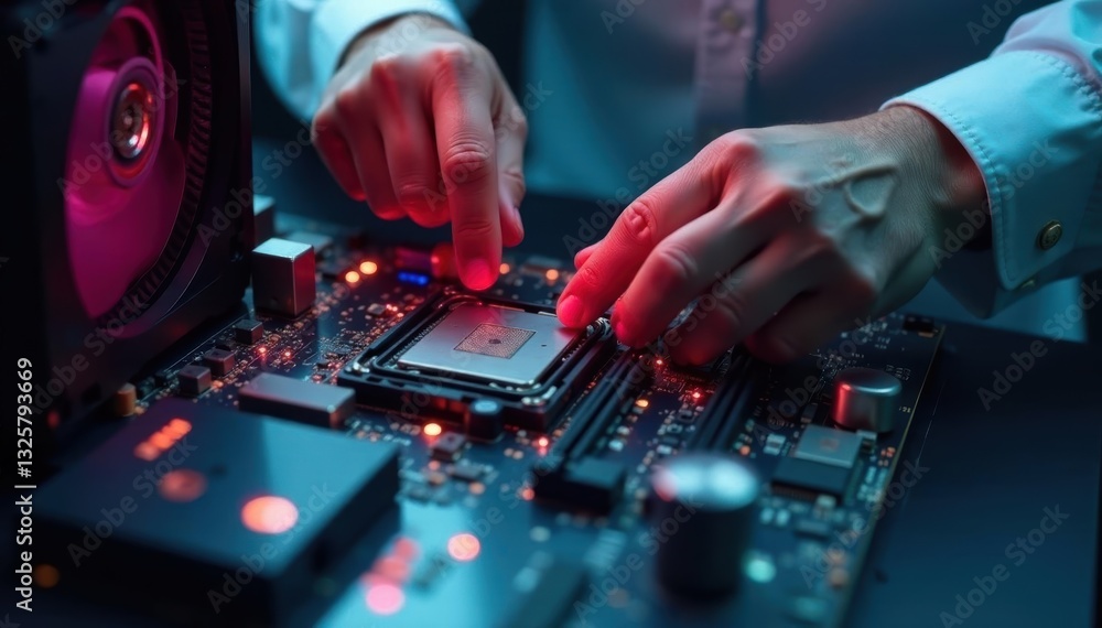 Technician's hands fixing computer components , circuit board, computer, chip Technician's hands fixing computer components , circuit board, computer, chip