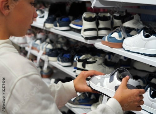 children and clothing and footwear shopping concept. child choosing a pair of sneakers