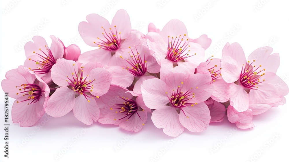 Close-up of vibrant bright pink cherry blossom flowers on a clean white background Close-up of vibrant bright pink cherry blossom flowers on a clean white background