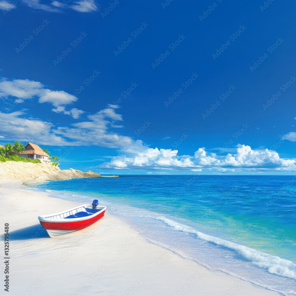 Tranquil Beach Scene with a Red Boat on White Sand Shoreline Tranquil Beach Scene with a Red Boat on White Sand Shoreline
