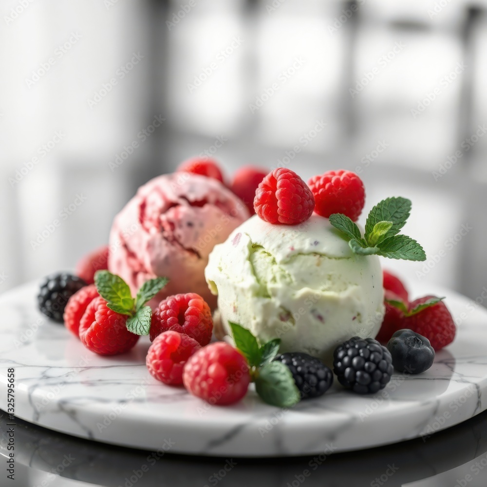 Delightful ice cream scoops topped with fresh raspberries, blackberries, and mint leaves. Sweet summer treat. Delightful ice cream scoops topped with fresh raspberries, blackberries, and mint leaves. Sweet summer treat.