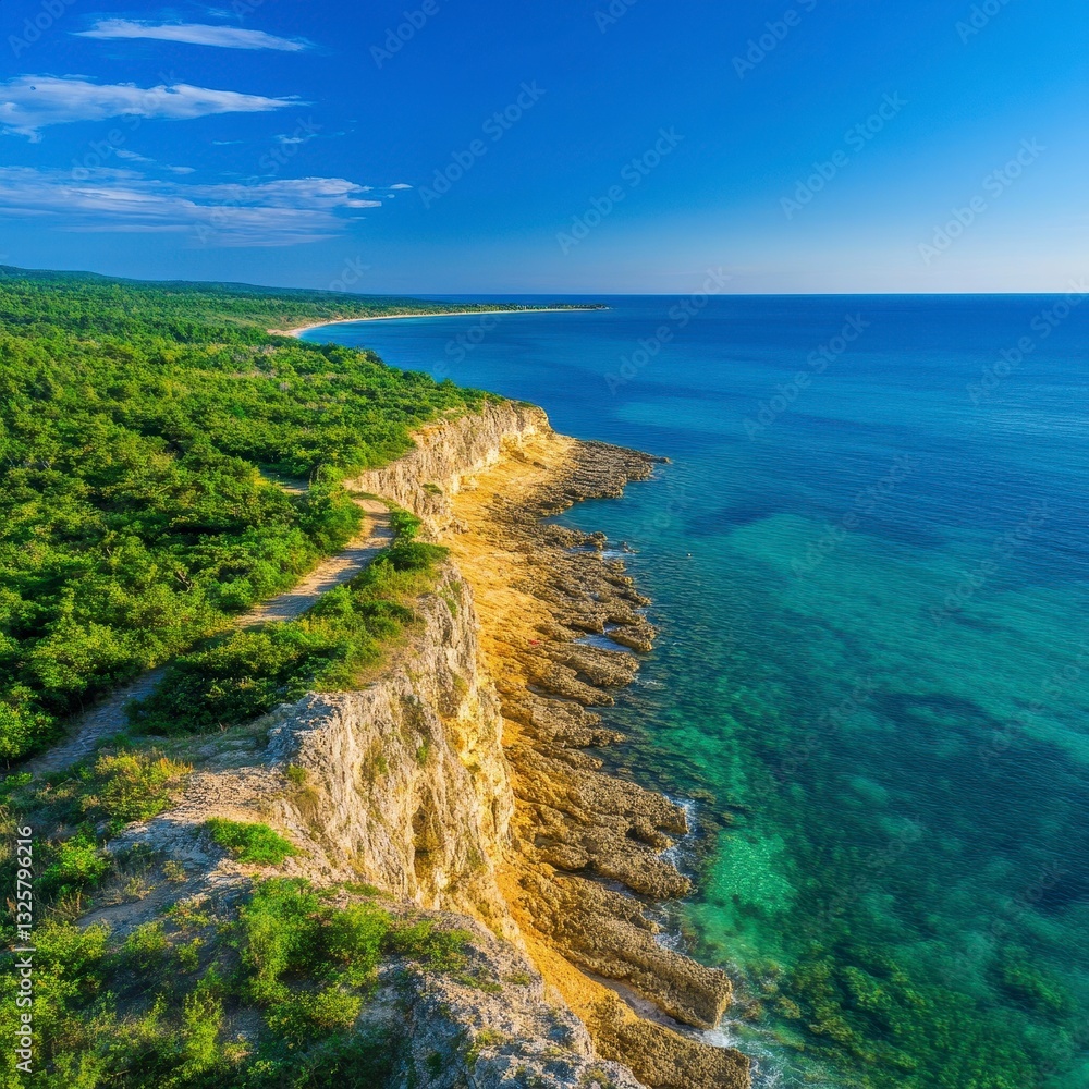 Stunning Coastal View with Cliffs and Turquoise Water Under Blue Sky Stunning Coastal View with Cliffs and Turquoise Water Under Blue Sky