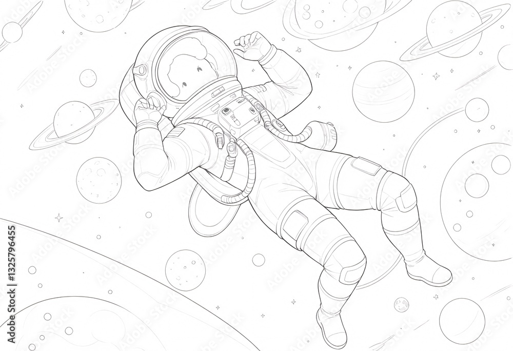 Fototapeta premium Astronaut floating peacefully in outer space, line art. A detailed line drawing of an astronaut in a spacesuit drifting weightlessly amidst planets and stars