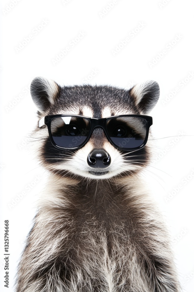 Raccoon wearing sunglasses posing for the camera, playful animal portrait, wildlife, fun pet accessories, cute creatures, animal photography, fashion. Raccoon wearing sunglasses posing for the camera, playful animal portrait, wildlife, fun pet accessories, cute creatures, animal photography, fashion.