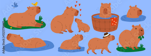 Funny capybaras set. Set of exotic rodents swimming in pond, relaxing with birds, eating leaves, walking. Hand drawn vector illustration.