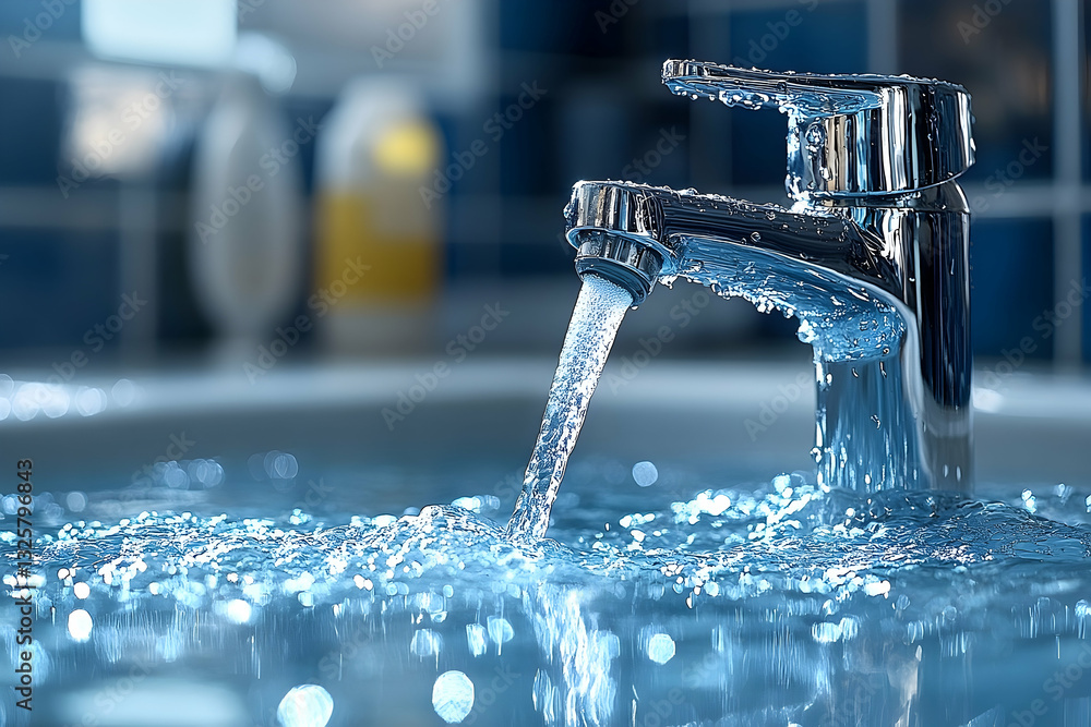 Modern chrome faucet with flowing water illustrating hygiene and sanitation Modern chrome faucet with flowing water illustrating hygiene and sanitation