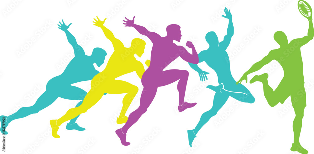 Colorful athletes competing in a dynamic running race. Colorful athletes competing in a dynamic running race.