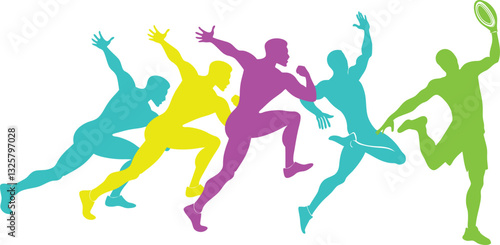 Colorful athletes competing in a dynamic running race.