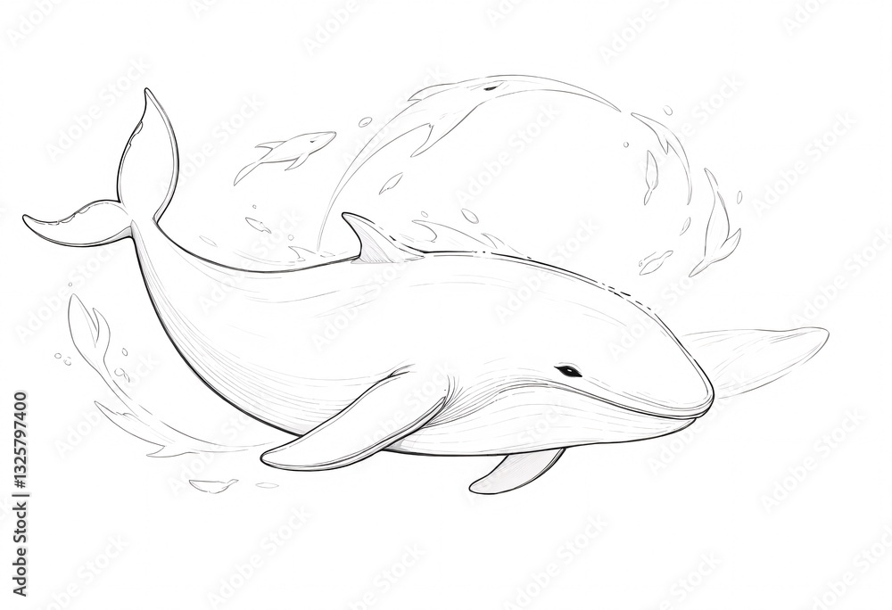 Obraz premium Majestic Whale and Dolphins in the Ocean Depths. A detailed elegant line drawing of a whale swimming gracefully in the ocean