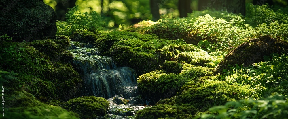 Serene forest stream cascading over moss-covered rocks. Serene forest stream cascading over moss-covered rocks.