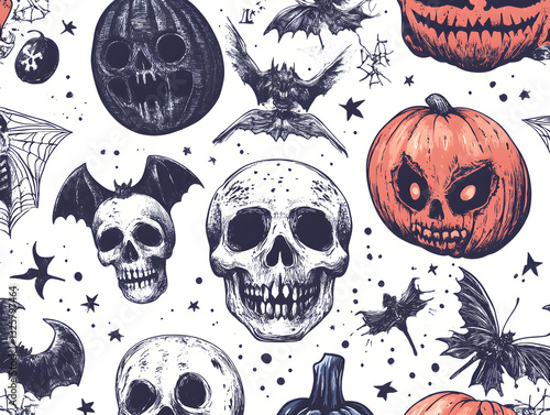 Hand-drawn seamless pattern with Halloween elements
