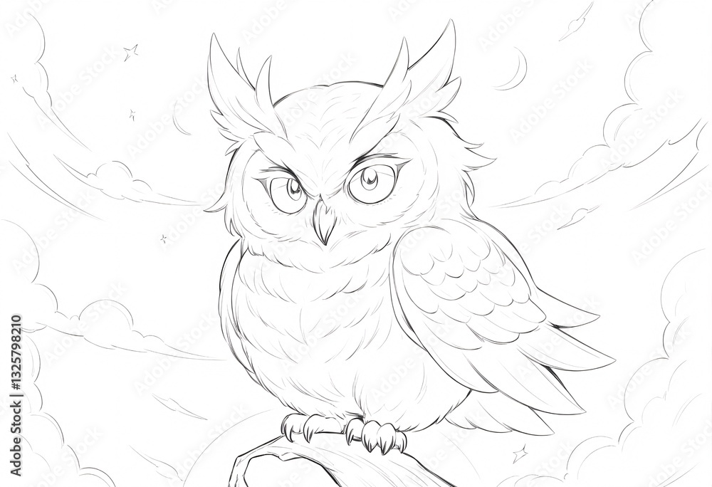 Fototapeta premium Intriguing Owl Sketch Against a Night Sky. A detailed stylized sketch of an owl perched on a branch set against a night sky with swirling clouds and stars