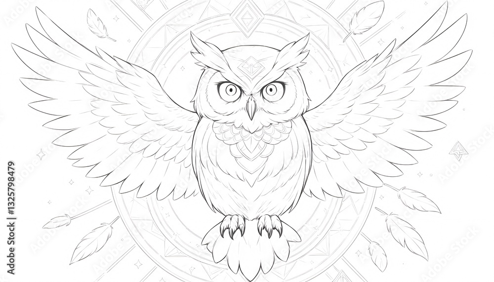 Fototapeta premium Enchanted Owl with Majestic Wings in a Dreamlike Circle. A detailed line art illustration of an owl with outstretched wings set within a circular ornate design reminiscent of a dream catcher