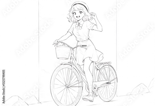 Smiling Anime Girl on a Vintage Bicycle. A cheerful anime girl is depicted riding a classic bicycle with a basket