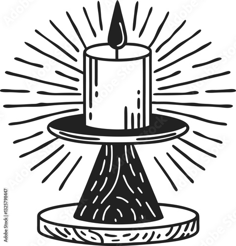 Candle on wooden holder with radiating light in black and white illustration