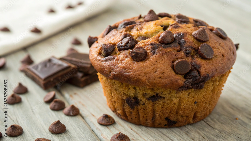 delicious chocolate muffin topped with chocolate chips, surrounded by chocolate pieces and scattered chocolate chips on wooden surface delicious chocolate muffin topped with chocolate chips, surrounded by chocolate pieces and scattered chocolate chips on wooden surface