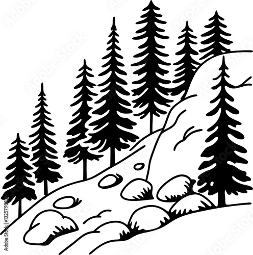 Black and white illustration of pine trees on rocky hill