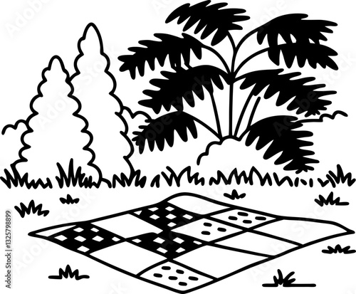 picnic scene with blanket and trees nature, leisure, outdoor relaxation, black and white illustration