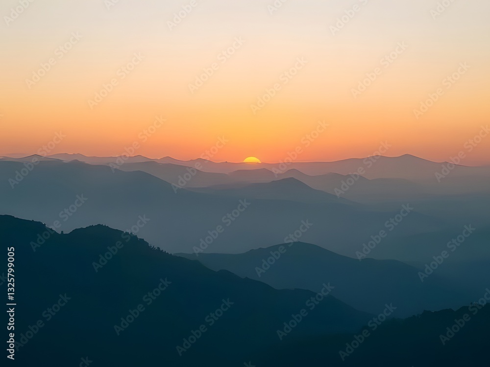 Fototapeta premium Stunning Mountain Sunset with Silhouetted Ridges and Vibrant Orange Sky - Scenic Landscape Photography.