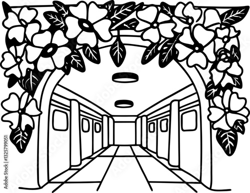 Floral arch framing subway platform interior view