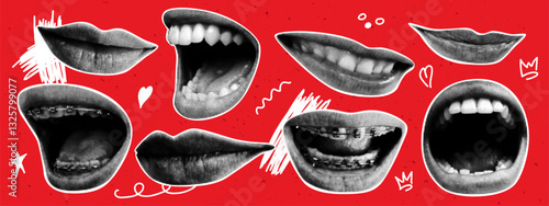 Woman halftone lips set with doodle elements. Y2K collage design. Modern vector illustration.