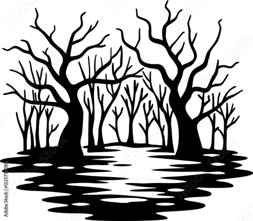 Silhouette of leafless trees over reflective water in eerie forest scene