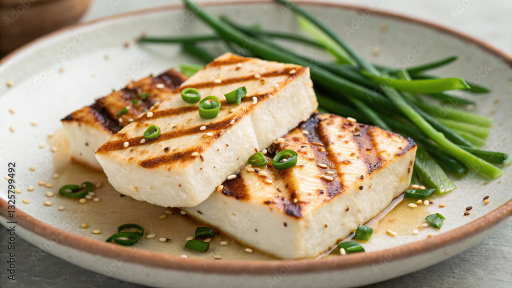 Grilled tofu served on plate with green onions and sesame seeds, showcasing delicious Japanese style dish Grilled tofu served on plate with green onions and sesame seeds, showcasing delicious Japanese style dish