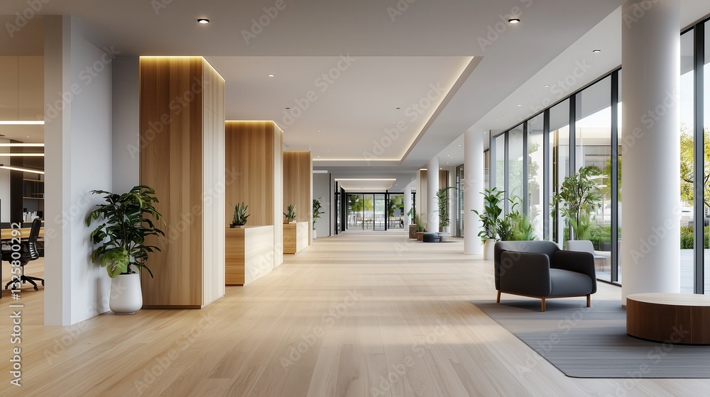 Fototapeta premium Modern Office Interior with Open Floor Plan and Natural Light Featuring Stylish Seating and Indoor Plants for a Fresh Work Environment