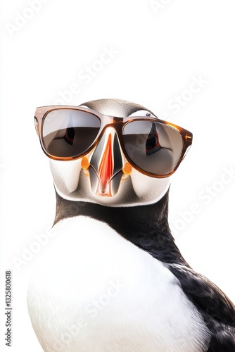 Puffin bird wearing sunglasses on a white background showcasing unique wildlife fashion and avian personality in nature photography.