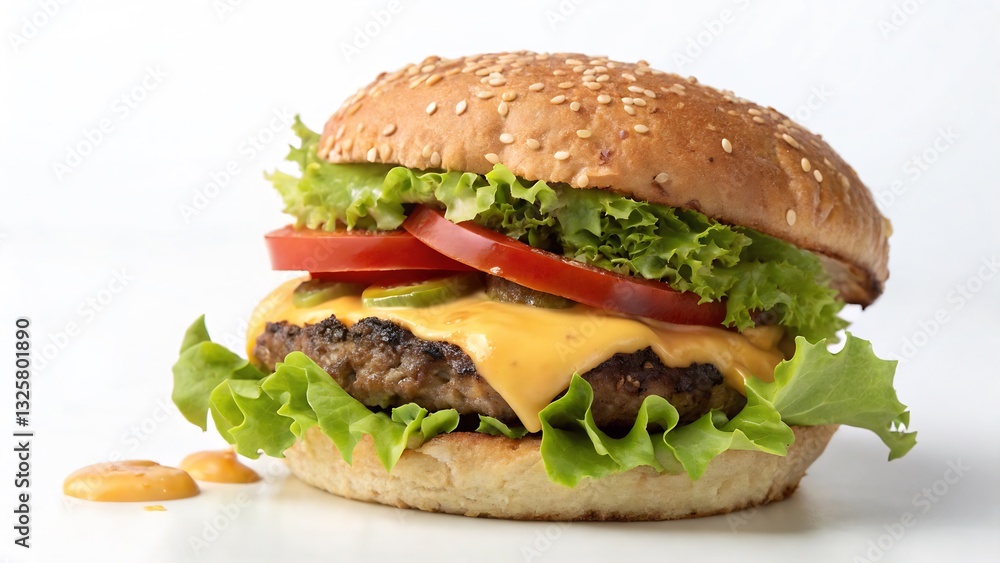 Delicious Cheeseburger with Fresh Lettuce, Tomato, and Melted Cheese, Isolated on a White Background Ideal for fast food branding and menu design. Delicious Cheeseburger with Fresh Lettuce, Tomato, and Melted Cheese, Isolated on a White Background Ideal for fast food branding and menu design.