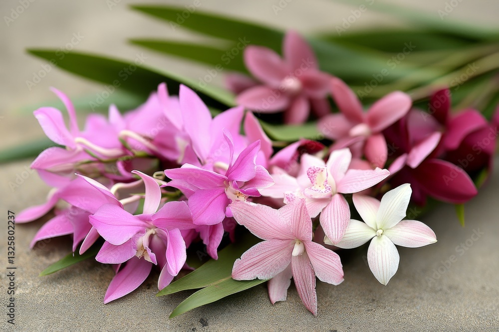 Fototapeta premium Beautiful colorful orchid bouquet arranged elegantly on a neutral background for nature lovers and floral enthusiasts