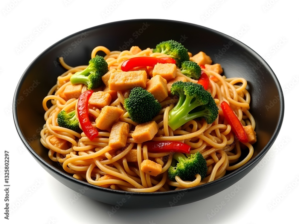 Japanese teriyaki tofu noodles with broccoli and red peppers, vibrant colors and balanced nutrition. Japanese teriyaki tofu noodles with broccoli and red peppers, vibrant colors and balanced nutrition.