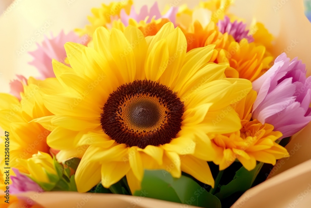 Obraz premium Bright and cheerful bouquet featuring sunflowers and assorted colorful flowers in soft wrapping