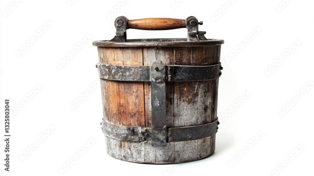 Fototapeta premium Vintage Wooden Bucket with Metal Bands and Rustic Handle Design