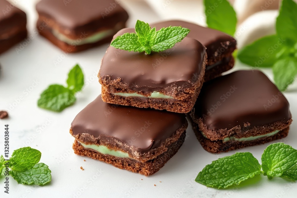 Delicious Chocolate Mint Cookies on a White Marble Surface with Fresh Mint Leaves Delicious Chocolate Mint Cookies on a White Marble Surface with Fresh Mint Leaves