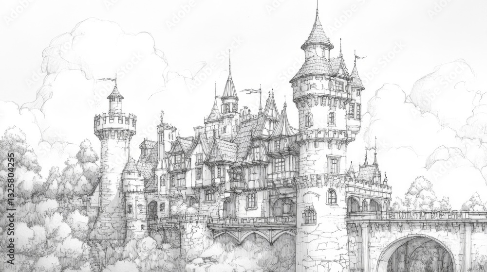 Obraz premium Monochrome Drawing of a Fairytale Castle