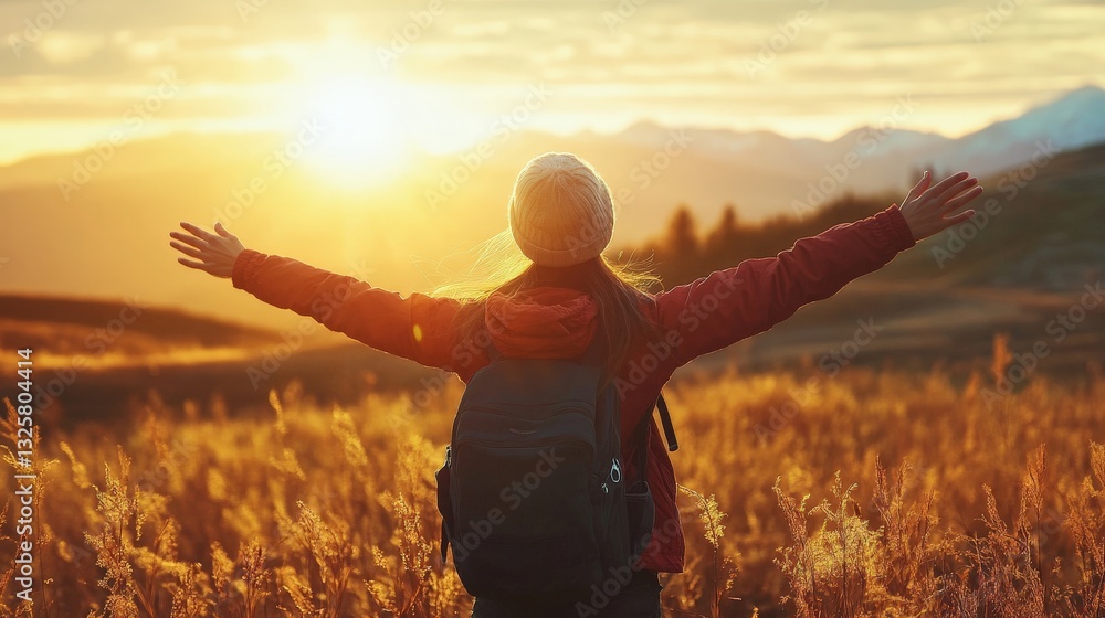 Woman with arms outstretched towards the sunrise, enjoying the beautiful view from a mountain top. Woman with arms outstretched towards the sunrise, enjoying the beautiful view from a mountain top.