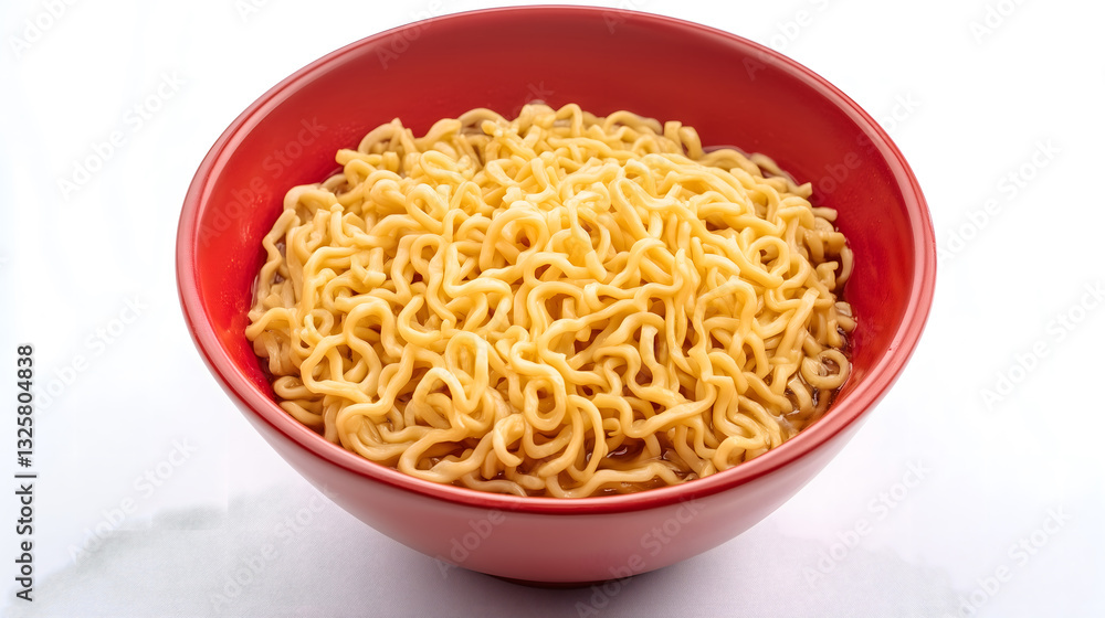 red bowl filled with ramen noodles isoalted on white background, top view. red bowl filled with ramen noodles isoalted on white background, top view.