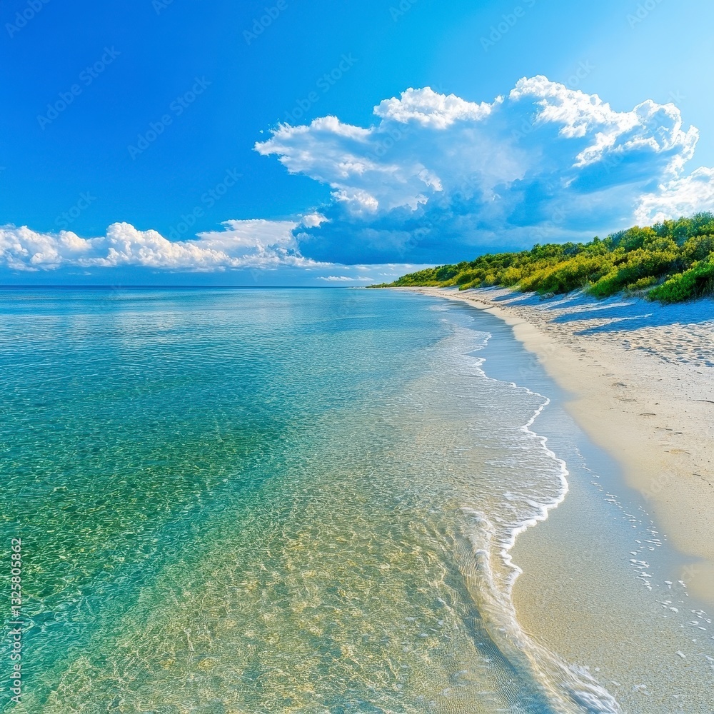 Serene Tropical Beach with Calm Waters and Blue Sky Reflection Serene Tropical Beach with Calm Waters and Blue Sky Reflection