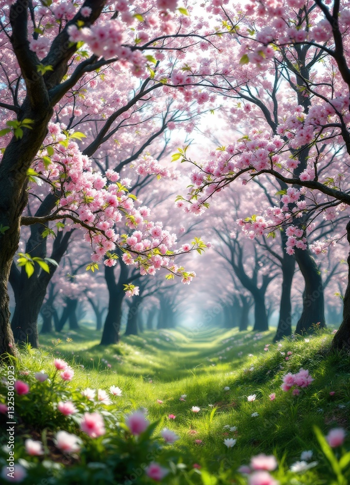 Cherry blossom pathway surrounded by vibrant spring foliage Cherry blossom pathway surrounded by vibrant spring foliage