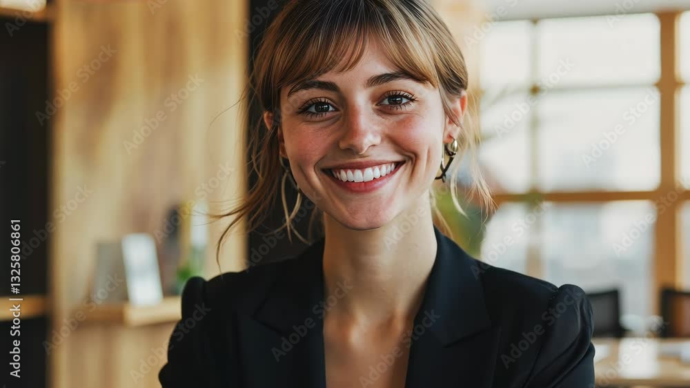 Young professional smiling confidently in modern office environment Young professional smiling confidently in modern office environment